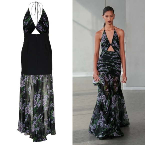 Carolina Herrera Floral Silk Chiffon Cutout Halter Maxi Gown Black Multi 4 NWT - Picture 9 of 10